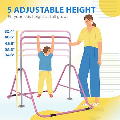 Qaba Folding Gymnastics Bar for Kids, Adjustable Height, Bubble Gum