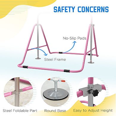 Qaba Folding Gymnastics Bar for Kids, Adjustable Height, Bubble Gum