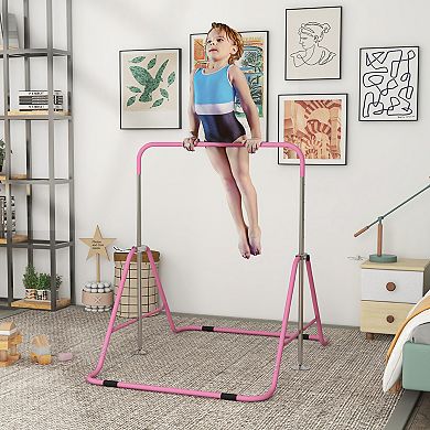 Qaba Folding Gymnastics Bar for Kids, Adjustable Height, Bubble Gum
