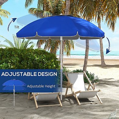 Outsunny 5.7' Beach Umbrella with Tilt, Cup Holders, Hooks, Blue Stripe