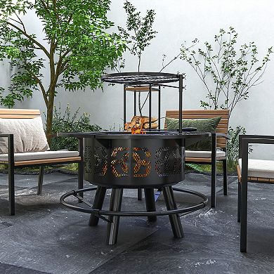Outsunny Fire Pit Bbq Grill With Poker, Wood Burning Firepit, Black