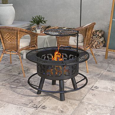 Outsunny Fire Pit Bbq Grill With Poker, Wood Burning Firepit, Black