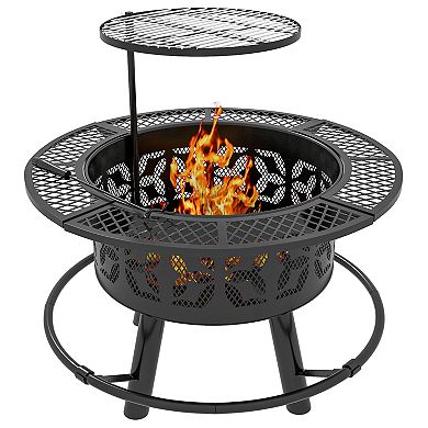 Outsunny Fire Pit Bbq Grill With Poker, Wood Burning Firepit, Black