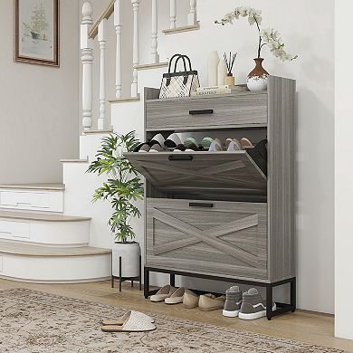 Homcom Narrow Shoe Cabinet With 2 Flip Doors And Top Drawer