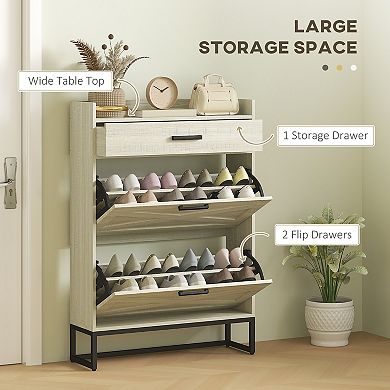 HOMCOM Narrow Shoe Cabinet with 2 Flip Doors and Top Drawer, White