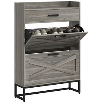 Homcom Narrow Shoe Cabinet With 2 Flip Doors And Top Drawer