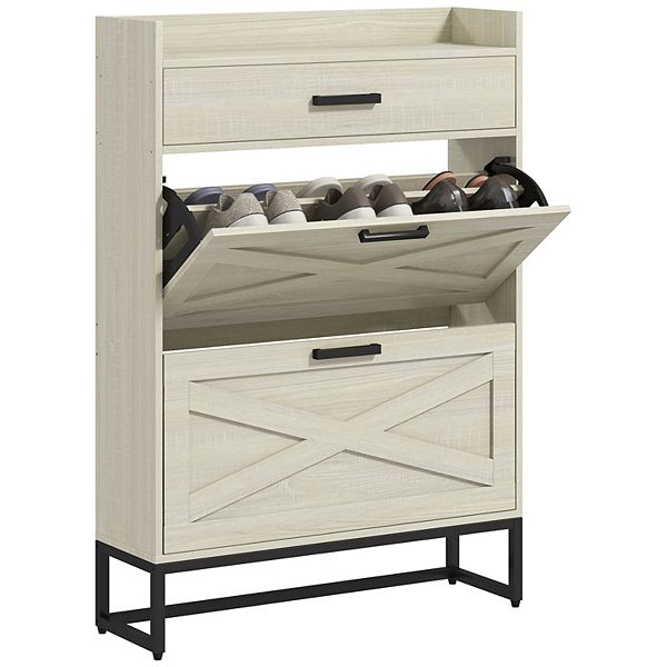 Homcom Narrow Shoe Cabinet With 2 Flip Doors And Top Drawer - Distressed White