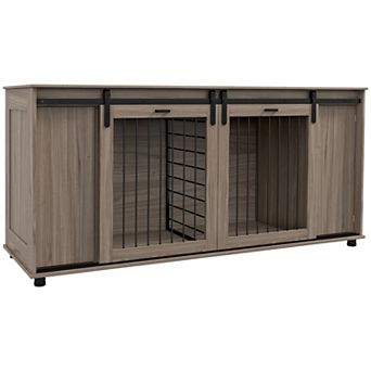 PawHut 71inch Dog Crate Furniture with Removable Divider, Storage, Walnut
