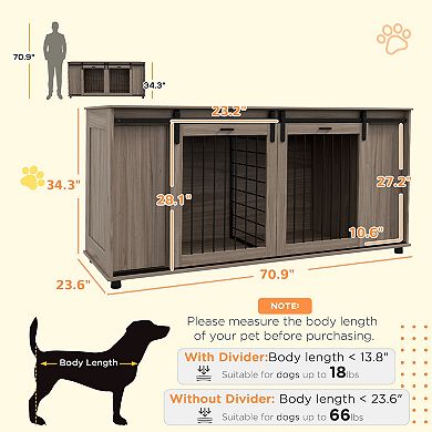 PawHut 71inch Dog Crate Furniture with Removable Divider, Storage, Walnut
