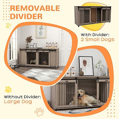 PawHut 71inch Dog Crate Furniture with Removable Divider, Storage, Walnut