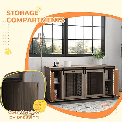 PawHut 71inch Dog Crate Furniture with Removable Divider, Storage, Walnut
