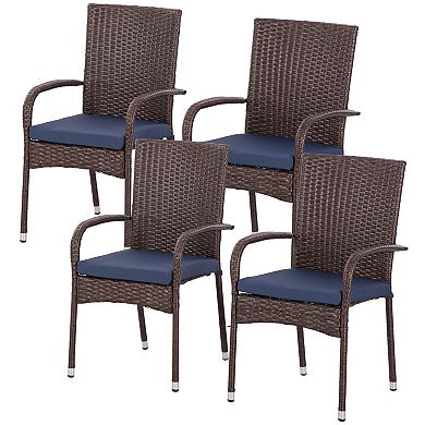 Outsunny 4 Outdoor Dining Chairs W/ Cushions, Wicker Dining Chairs