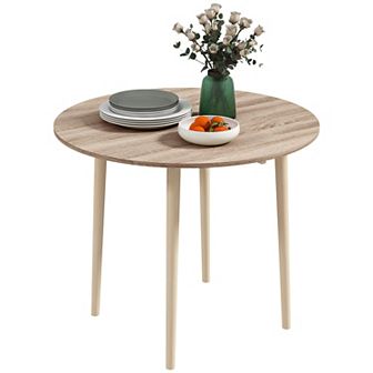 Homcom Foldable Dining Table, Round Drop Leaf Table W/ Wood Legs
