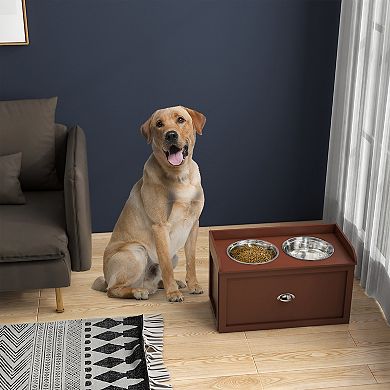PawHut Dog Feeding Station w/ Storage Drawer, 2 Elevated Dog Bowls, Black