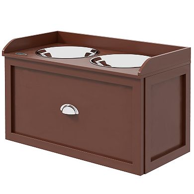 PawHut Dog Feeding Station w/ Storage Drawer, 2 Elevated Dog Bowls, Black