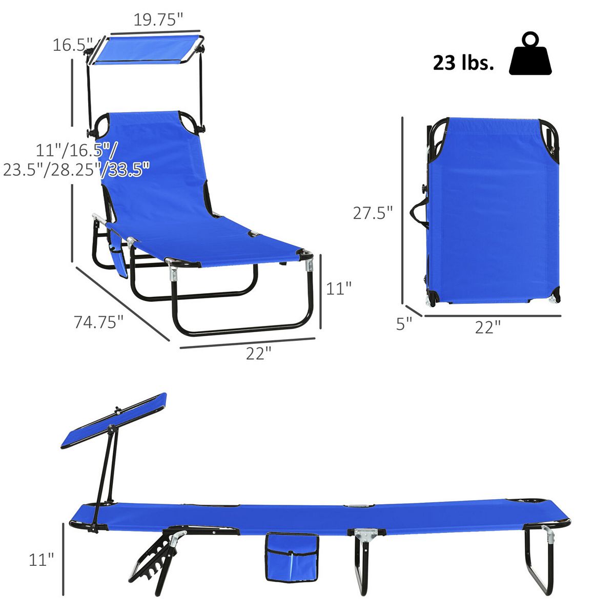 Chaise lounge dimensions diagram in blue with adjustable backrest and sunshade