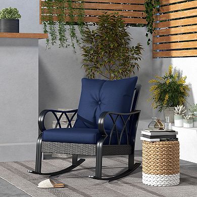 Outdoor Patio Rattan Rock Chair W/ergonomic Design, Aluminum Tube, Navy Blue