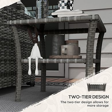 Outsunny Patio Wicker Coffee Table, 2-Tier Aluminum frame Side Table, Gray