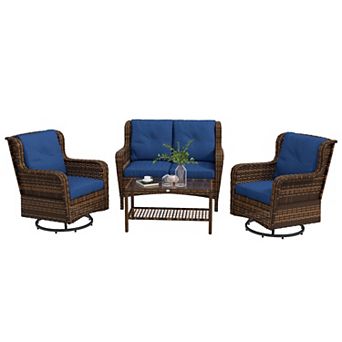 Wicker Patio Furniture Set W/ 360° Swivel & Rock Function Chairs, Dark Blue