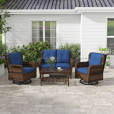 Wicker Patio Furniture Set W/ 360° Swivel & Rock Function Chairs, Dark Blue