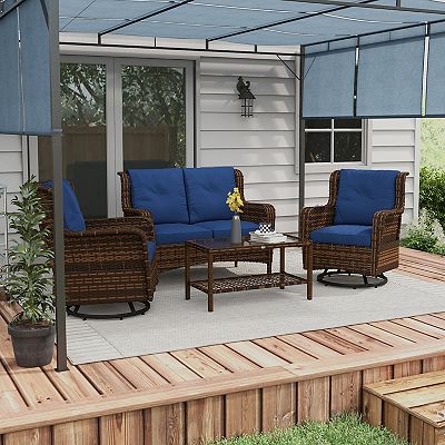 Wicker Patio Furniture Set W 360 Swivel Rock Function Chairs Dark Blue