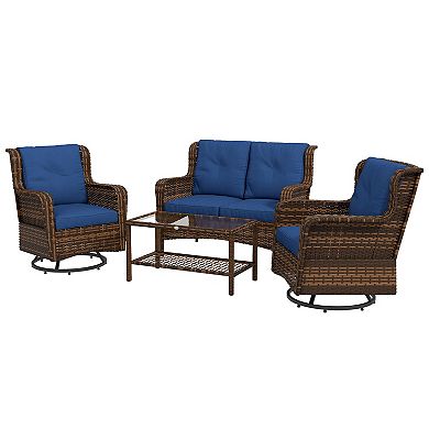Wicker Patio Furniture Set W/ 360° Swivel & Rock Function Chairs, Dark Blue