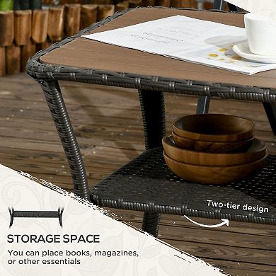 Outsunny Rattan Outdoor Table w/ 2-Layer Storage Shelf, Mixed
