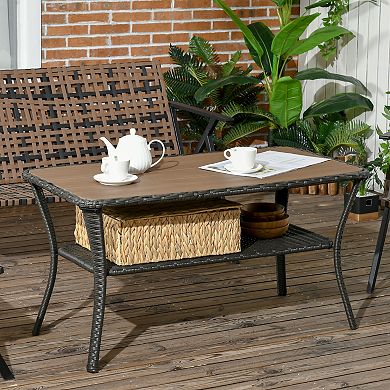 Outsunny Rattan Outdoor Table w/ 2-Layer Storage Shelf, Mixed