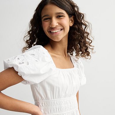 Girls 7-14 Trixxi Eyelet Puff Sleeve Tiered Dress With Hair Bow