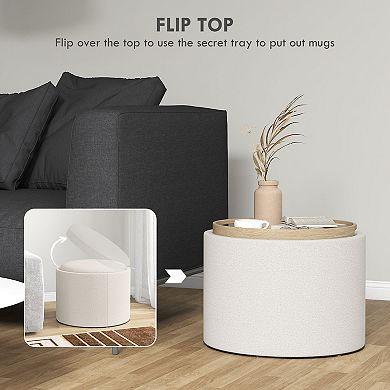 HOMCOM Round Storage Ottoman Table with Flip Top Tray