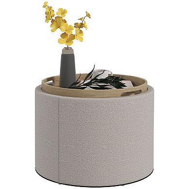 HOMCOM Round Storage Ottoman Table with Flip Top Tray