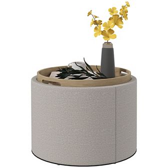 HOMCOM Round Storage Ottoman Table with Flip Top Tray