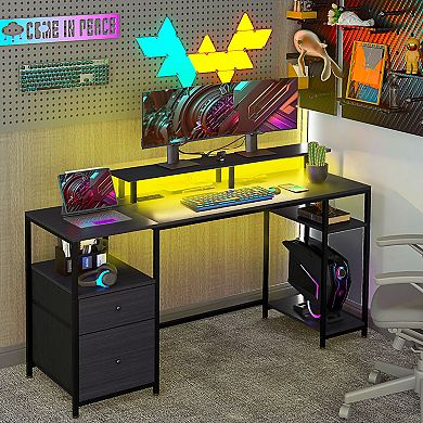 Homcom 61" Computer Desk With Led Lights, Power Outlets, Usb Ports