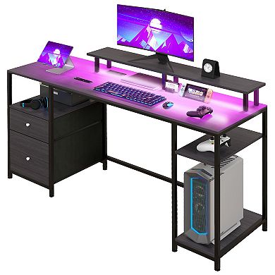 Homcom 61" Computer Desk With Led Lights, Power Outlets, Usb Ports