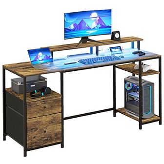 Homcom 61" Computer Desk With Led Lights, Power Outlets, Usb Ports