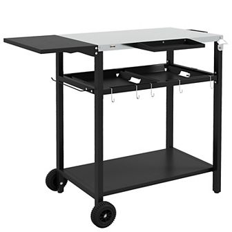 Outsunny Outdoor Bar Table W/ 2 tier Shelf, Patio Serving Cart W/ Wheels