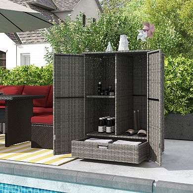 Outsunny Outdoor Wicker Towel Rack for Pool w/ Drawer & Cabinet,
