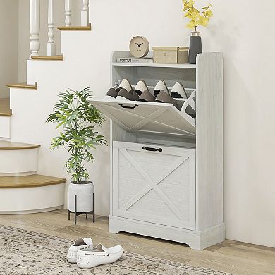 Homcom Slim Shoe Cabinet With 2 Flip Drawers And Adjustable Shelves