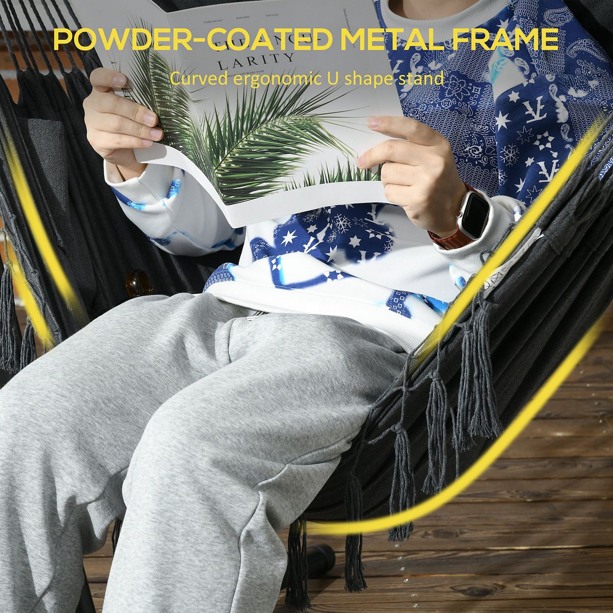 Powder-coated metal frame feature on gray hammock swing chair