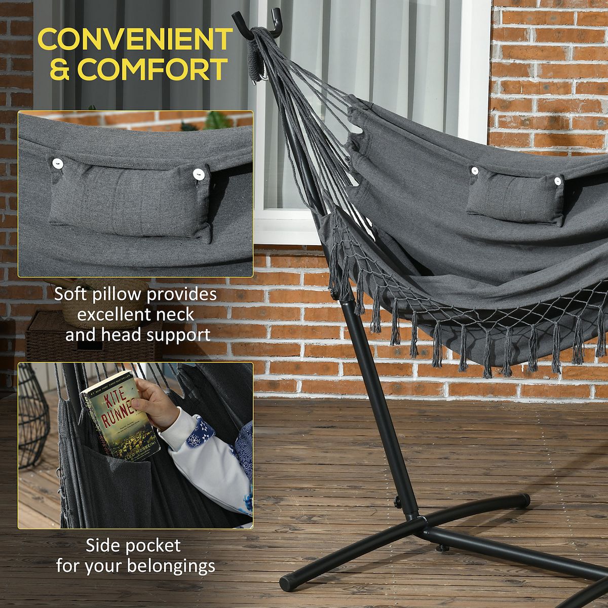 Gray hammock swing chair with side pocket and headrest feature