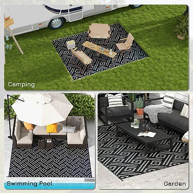 Outsunny Outdoor Rug & Bag, 9ft x 12ft Plastic Rug, Black White Chain