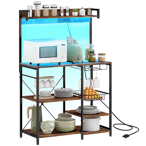 Homcom Led Baker's Rack With Charging Station, Glass Holders - Rustic Brown