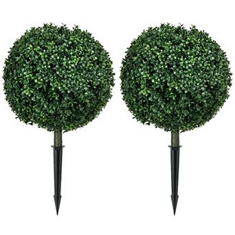 Homcom Set Of 2 Artificial Boxwood Topiary Trees With Ground Stake