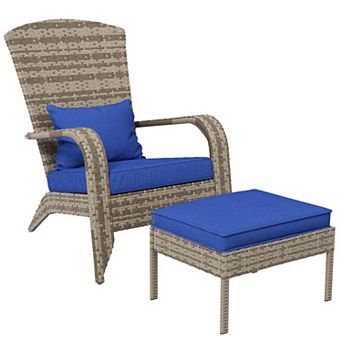 Outsunny Wicker Adirondack Chair W/ Ottoman Fire Pit Chair W/ Cushion Blue