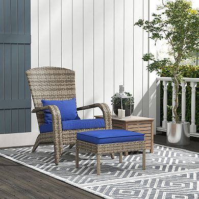 Outsunny Wicker Adirondack Chair W/ Ottoman Fire Pit Chair W/ Cushion Blue