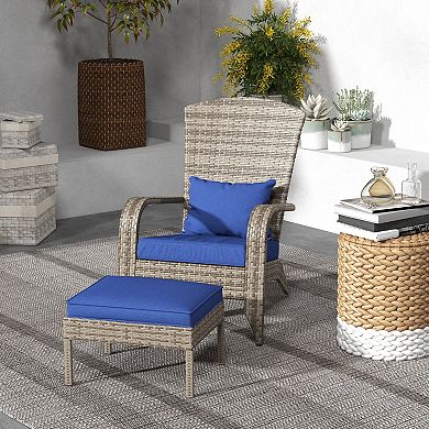 Outsunny Wicker Adirondack Chair W/ Ottoman Fire Pit Chair W/ Cushion Blue