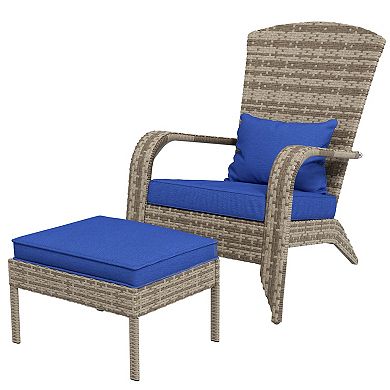 Outsunny Wicker Adirondack Chair W/ Ottoman Fire Pit Chair W/ Cushion Blue