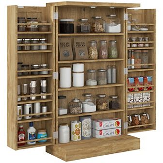 Homcom 41" Rattan Kitchen Pantry Storage Cabinet With Spice Racks