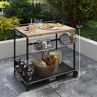 Outsunny Outdoor Bar Cart Patio Serving Cart With Wine Holders Natural