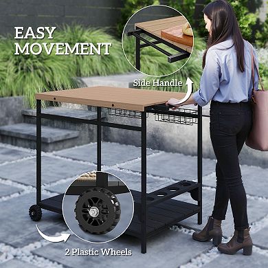 Outsunny Outdoor Bar Cart Patio Serving Cart With Wine Holders Natural